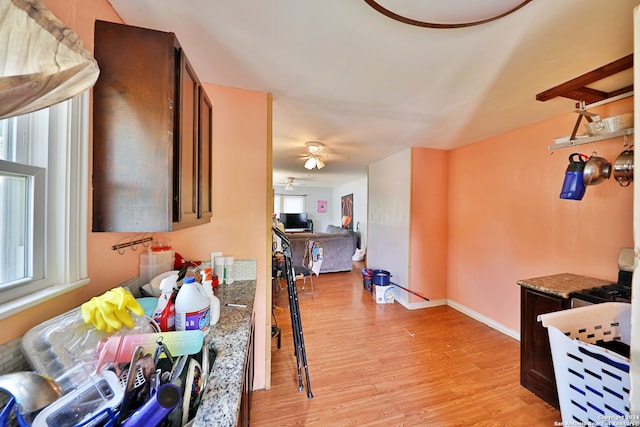 kitchen featuring light wood finished floors, plenty of natural light, baseboards, and ceiling fan