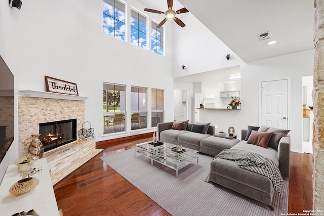 living room featuring plenty of natural light, a fireplace, a high ceiling, and dark wood-type flooring