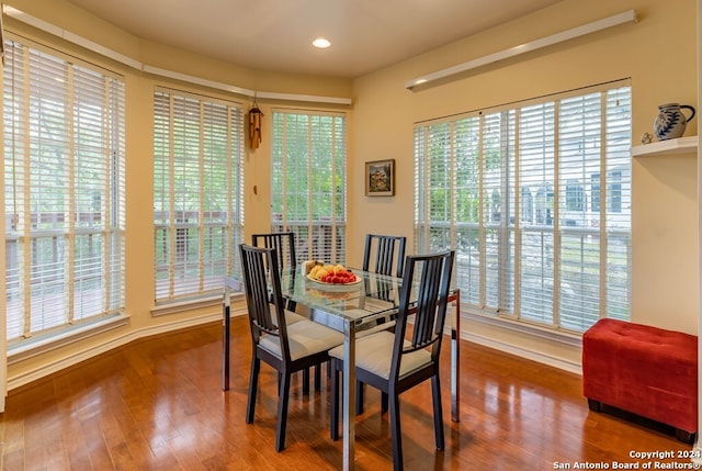 dining space with dark wood-type flooring and plenty of natural light