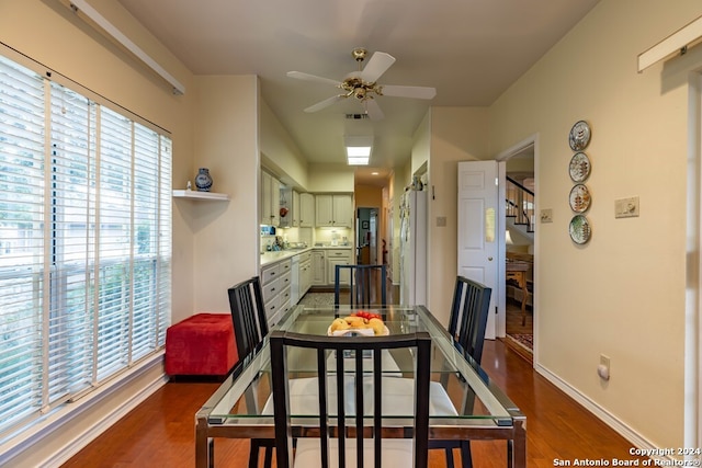 dining room with dark hardwood / wood-style flooring, a wealth of natural light, and ceiling fan