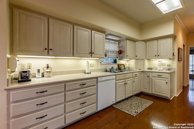 kitchen featuring crown molding, dishwasher, sink, and dark wood-type flooring