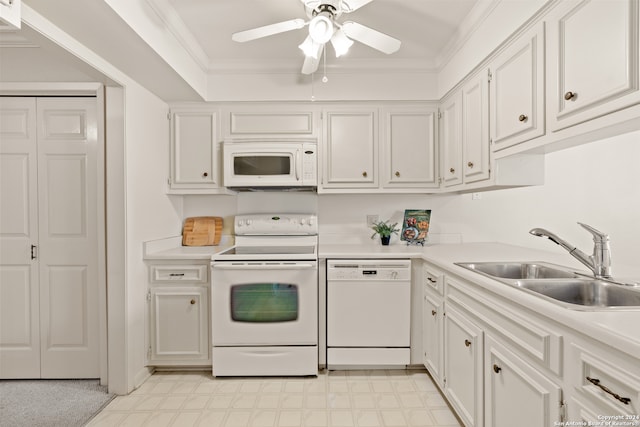 kitchen with crown molding, white cabinetry, white appliances, sink, and ceiling fan