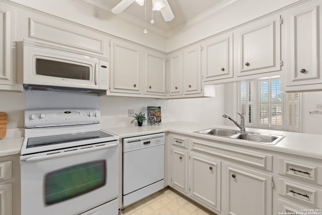 kitchen featuring white appliances, sink, white cabinetry, and ceiling fan