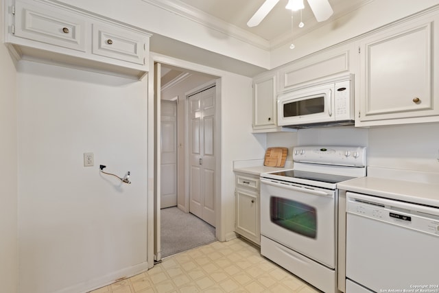 kitchen featuring white cabinets, white appliances, ornamental molding, and ceiling fan