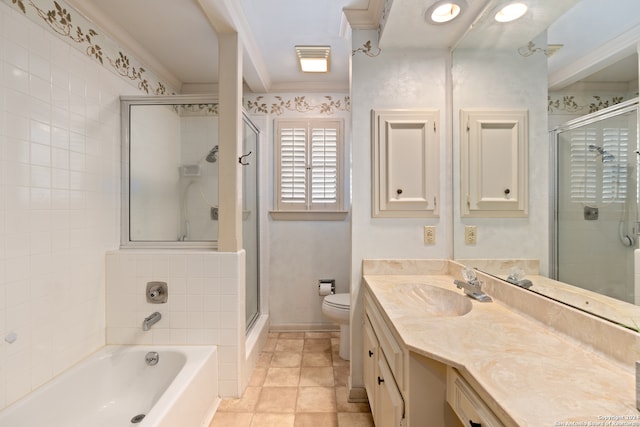 full bathroom with tile patterned flooring, crown molding, toilet, independent shower and bath, and vanity