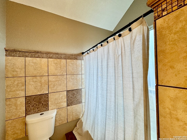 bathroom featuring tile walls, walk in shower, toilet, and vaulted ceiling