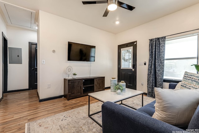 living room with electric panel, ceiling fan, and light wood-type flooring