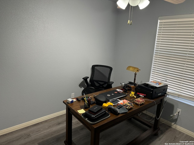 office area featuring ceiling fan and wood-type flooring