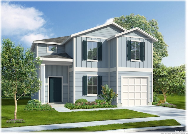 view of front of home featuring a garage and a front lawn