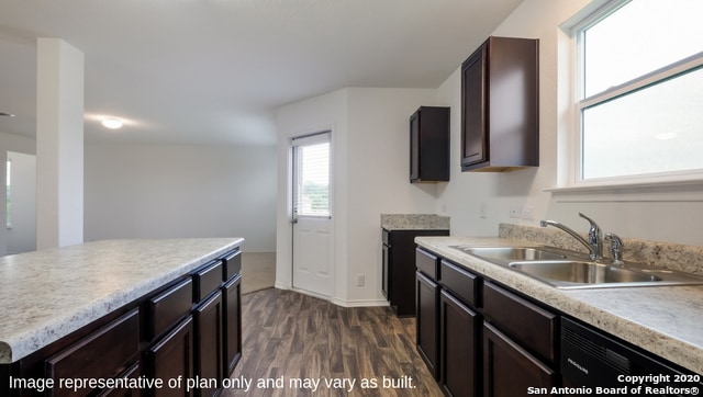 kitchen featuring dishwasher, dark brown cabinets, dark hardwood / wood-style flooring, and sink