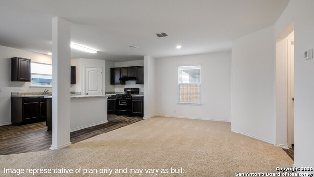 kitchen featuring gas stove and carpet