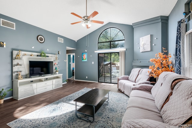 living room with ceiling fan, high vaulted ceiling, and hardwood / wood-style flooring