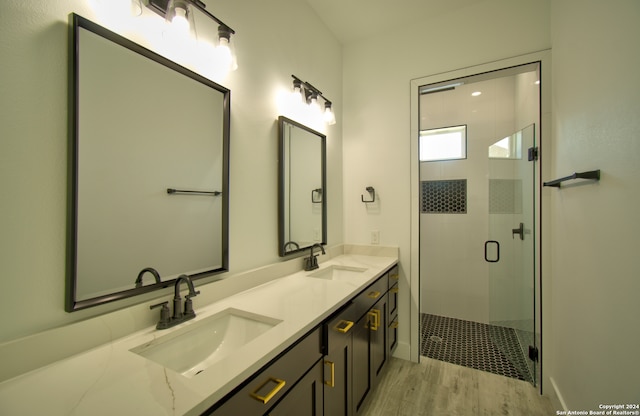 bathroom featuring hardwood / wood-style flooring, vanity, and a shower with shower door