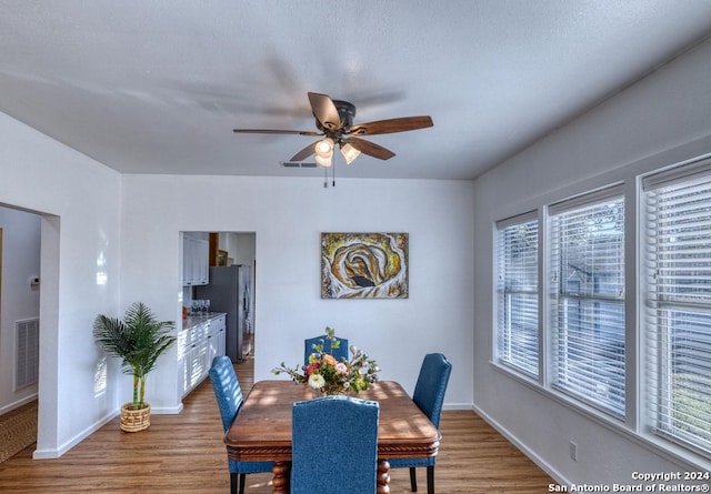 dining room with a wealth of natural light, hardwood / wood-style floors, and ceiling fan