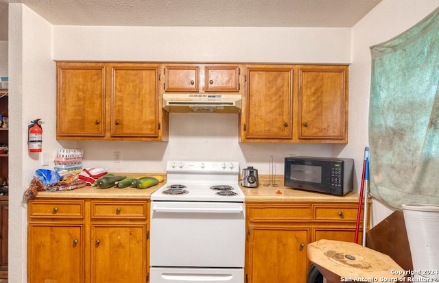 kitchen with white electric range and a textured ceiling