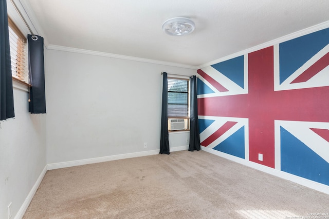 carpeted empty room featuring ornamental molding and cooling unit