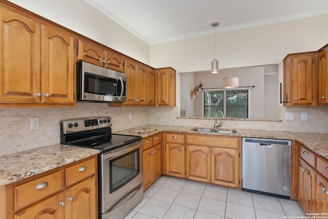 kitchen with light tile patterned floors, backsplash, stainless steel appliances, sink, and light stone counters