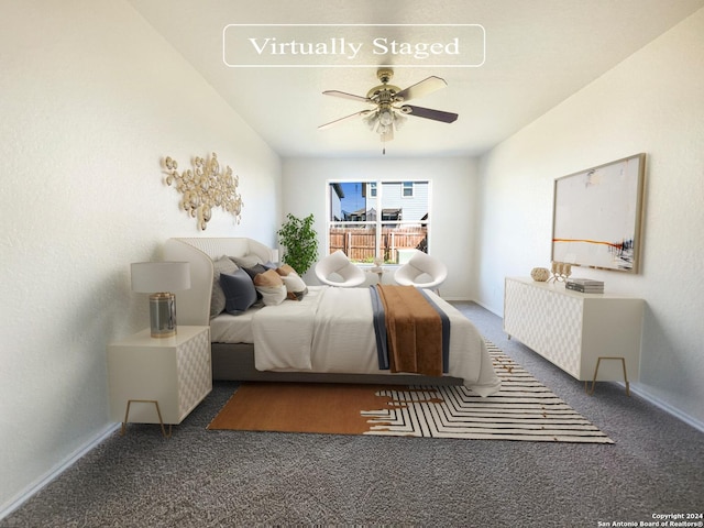 bedroom featuring baseboards, carpet floors, and a ceiling fan