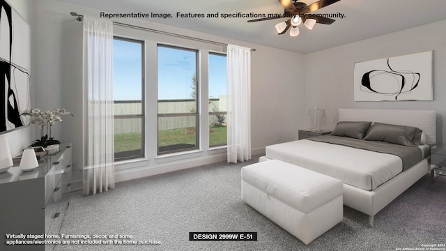 bedroom featuring carpet, ceiling fan, and multiple windows