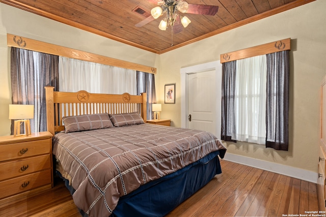 bedroom featuring crown molding, ceiling fan, wooden ceiling, and light hardwood / wood-style floors