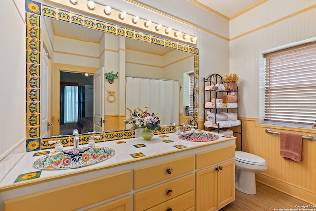 bathroom with toilet, hardwood / wood-style flooring, and vanity