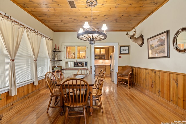 dining space featuring an inviting chandelier, light hardwood / wood-style flooring, wood ceiling, wood walls, and ornamental molding