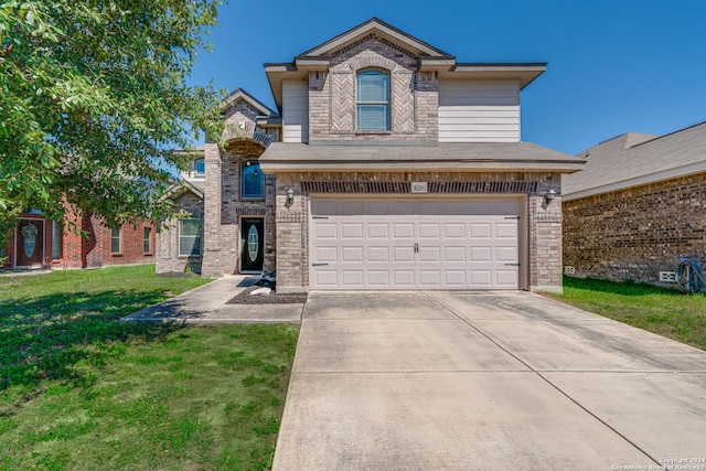 view of front of house with a garage, driveway, brick siding, and a front lawn