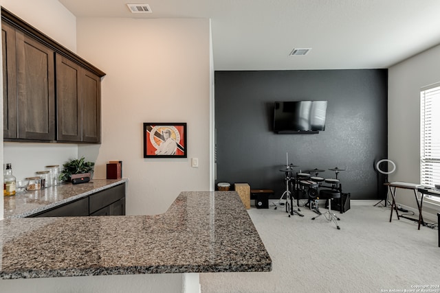 kitchen featuring dark stone countertops, light colored carpet, and dark brown cabinetry