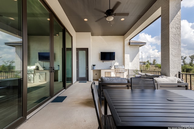 exterior space with ceiling fan, grilling area, and outdoor lounge area