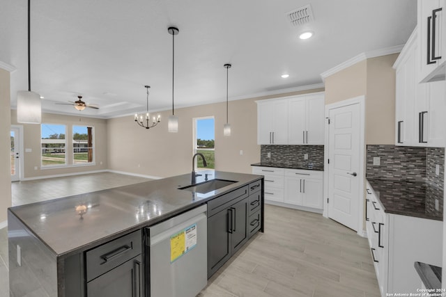 kitchen with dishwasher, white cabinets, an island with sink, and sink