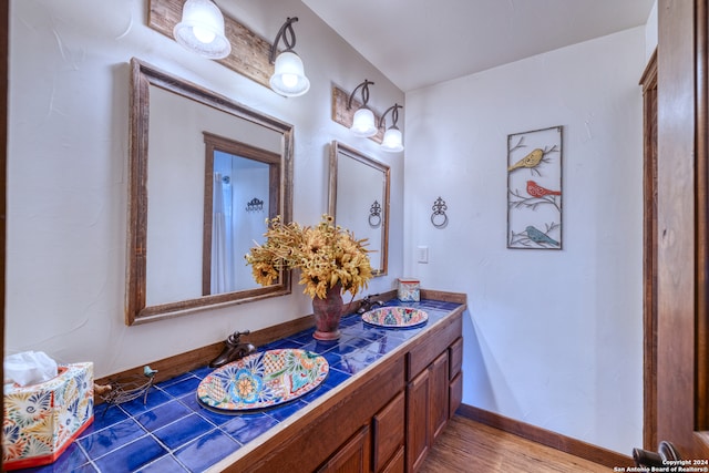 bathroom with hardwood / wood-style floors and vanity