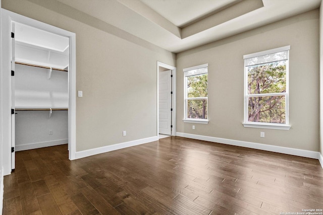 unfurnished bedroom with a spacious closet, baseboards, a raised ceiling, and dark wood-type flooring