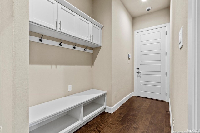 mudroom featuring baseboards and dark wood-style flooring