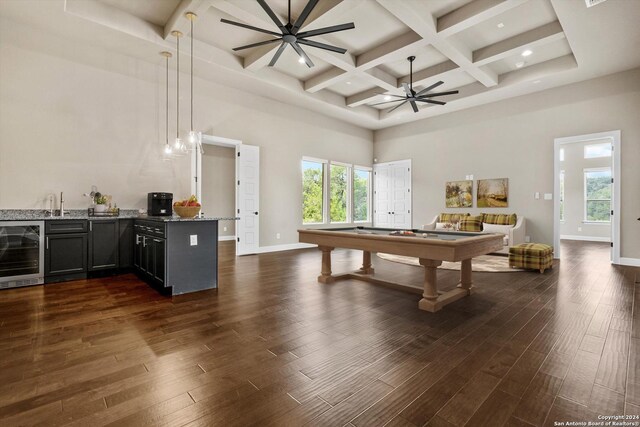 game room with billiards, dark wood-type flooring, ceiling fan, and beverage cooler