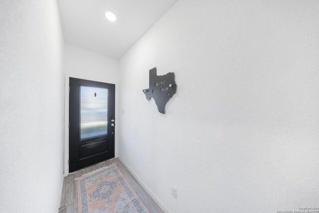 doorway with lofted ceiling and light hardwood / wood-style floors