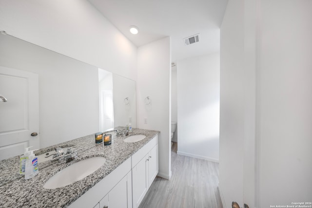 bathroom featuring vanity, toilet, and hardwood / wood-style flooring