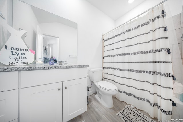 bathroom featuring vanity, toilet, curtained shower, and hardwood / wood-style flooring