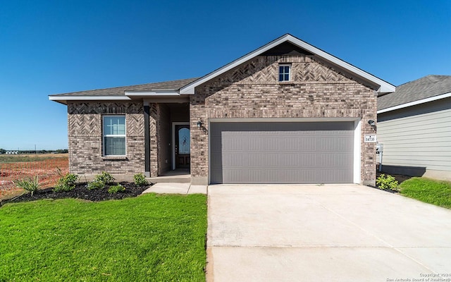 14735 Sycamore Xing, San Antonio, TX 78252 - ranch-style house with driveway, a shingled roof, an attached garage, a yard, and brick siding