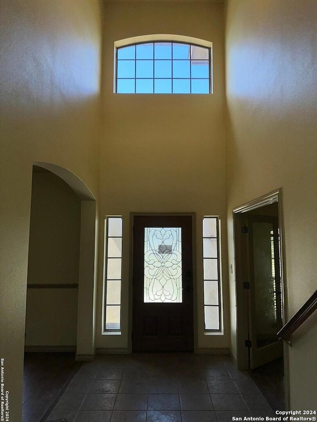 tiled foyer entrance featuring a healthy amount of sunlight and a high ceiling