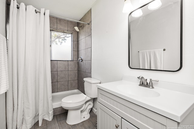 bathroom with vanity, toilet, a shower with shower curtain, and wood-type flooring