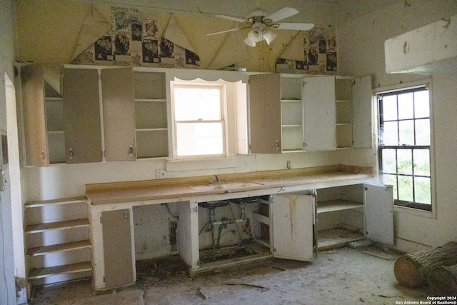 kitchen with vaulted ceiling, a healthy amount of sunlight, sink, and ceiling fan