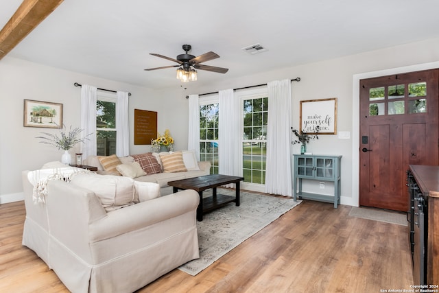 living room featuring ceiling fan and wood-type flooring