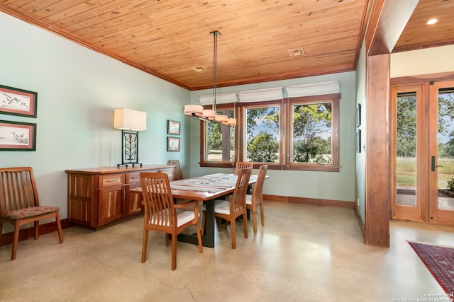 dining area featuring wood ceiling, crown molding, and a healthy amount of sunlight