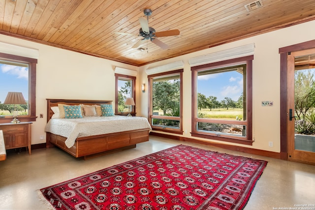 bedroom with multiple windows, ceiling fan, access to outside, and wooden ceiling