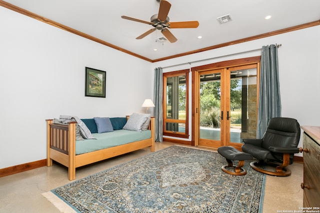 living room with ornamental molding, french doors, and ceiling fan