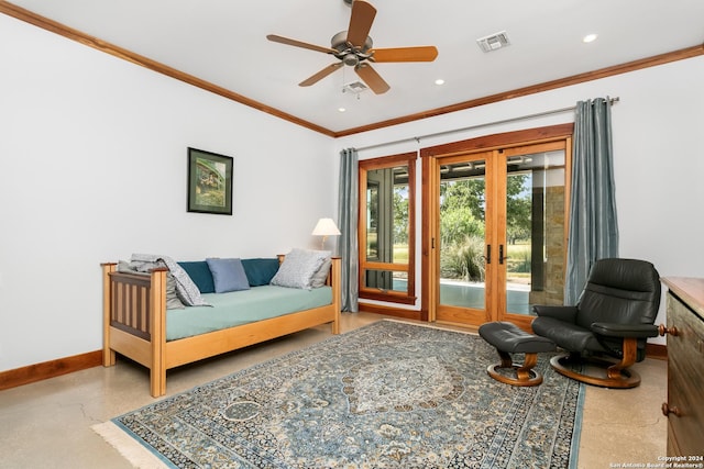 living area with visible vents, baseboards, recessed lighting, french doors, and crown molding