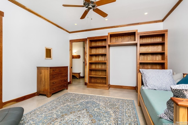 bedroom featuring recessed lighting, concrete floors, baseboards, and ornamental molding