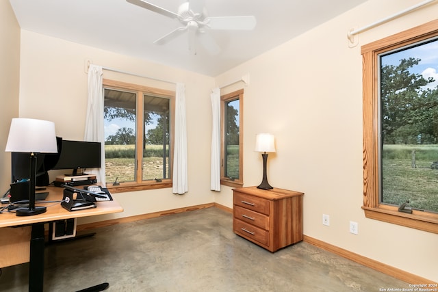 office space with ceiling fan and concrete floors