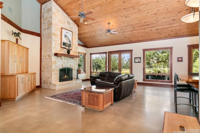 living room featuring baseboards, a fireplace, wooden ceiling, high vaulted ceiling, and a ceiling fan