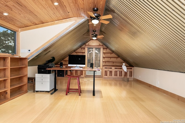 unfurnished office featuring lofted ceiling, wood finished floors, a ceiling fan, and wooden ceiling